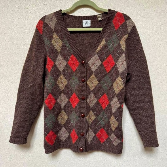 Vintage GAP Brown Argyle wool cardigan - Picture 1 of 8